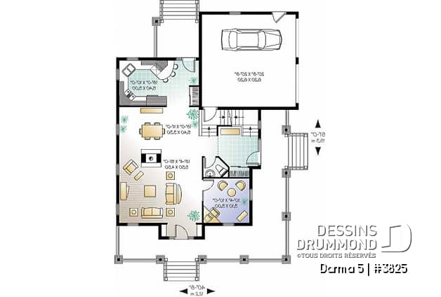 Rez-de-chaussée - Plan de maison 3 chambres, grande galerie couverte à l'avant, garage double, mezzanine, plafond 9' - Darma 5
