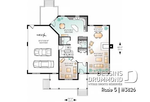 Rez-de-chaussée - Plan de maison champêtre, 3 à 4 chambres, garage 3 voitures, bureau à domicile, coin déjeuner - Rosie 5