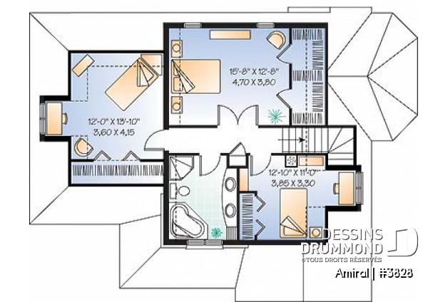 Étage - Plan de maison style manoir, 3 chambres, plafond cathédrale - Amiral