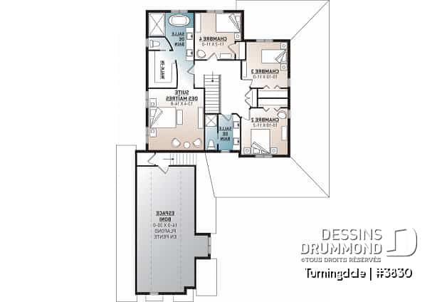 Étage - Plan de maison farmhouse 4 chambres, garage double, bureau à domicile & grand espace boni au-dessus du garage - Turningdale