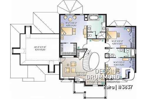 Étage - Plan de maison luxueuse, garage double, bureau, 2 salons, foyer sur 4 faces, dînette en solarium - Keira