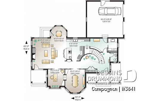 Rez-de-chaussée - Plan de maison style château garage double, 3 à 4 chambres, bureau, buanderie, coin déjeuner en solarium - Compagnon