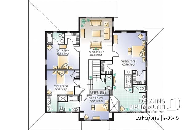 Étage - Plan de maison farmhouse américaine, grande suite des maîtres, 4 à 5 chambres, bureau, plafond 9' - La Fayette