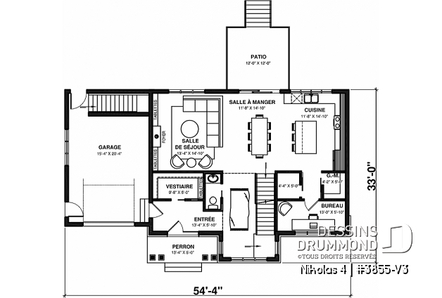 Rez-de-chaussée - Magnifique plan de maison farmhouse champêtre 3 chambres, garage, bureau, vestiaire, garde-manger - Nikolas 4