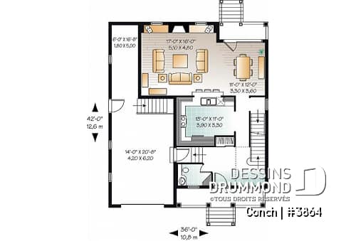 Rez-de-chaussée - Plan de maison avec garage, superbe foyer, balcon à la salle à manger, 3 chambres, buanderie à l'étage - Conch