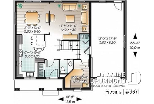Rez-de-chaussée - Plan de cottage, chambres secondaires communicantes, cuisine avec grand îlot, sous-sol à aménager - Pivoine