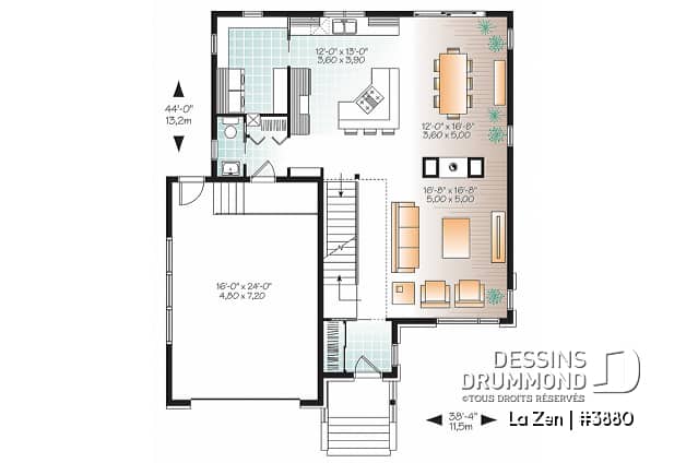 Rez-de-chaussée - Plan de maison contemporaine moderne, 4 chambres,  garage, garde-manger, buanderie, espace ouvert - La Zen