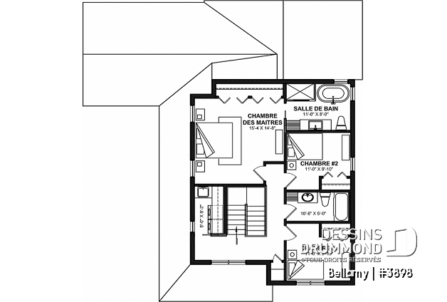 Étage - Plan de maison pour terrain en coin, 3 chambres, 2 salles de bain, vestiaire, garde-manger - Bellamy