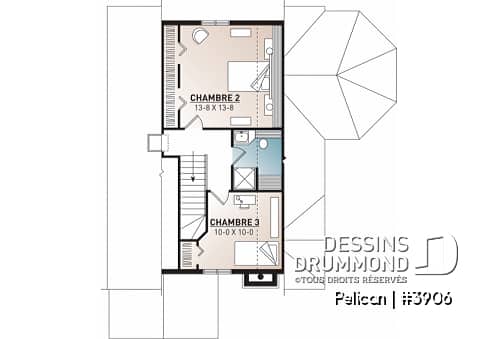 Étage - Plan de maison style chalet, 3 chambres, 2 salles de bain, vestibule fermé, salle de séjour avec foyer - Pelican