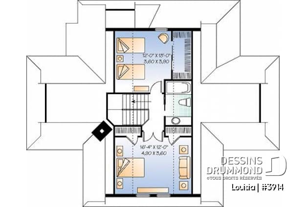 Étage - Plan de chalet avec grande terrasse, 3 chambres, chambre parents rdc, abri moustiquaire et foyer deux faces - Louisia