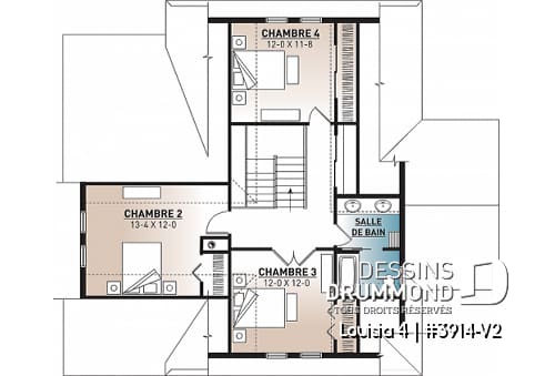 Étage - Plan chalet en montagne ou bord de l'eau, 4 chambres, foyer double face, garage double, solarium  - Louisia 4