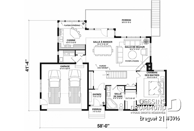 Rez-de-chaussée - Plan de maison genre chalet vue panoramique, 1 à 4+ chambres, 2 foyers, garage double, grande terrasse - Breguet 2