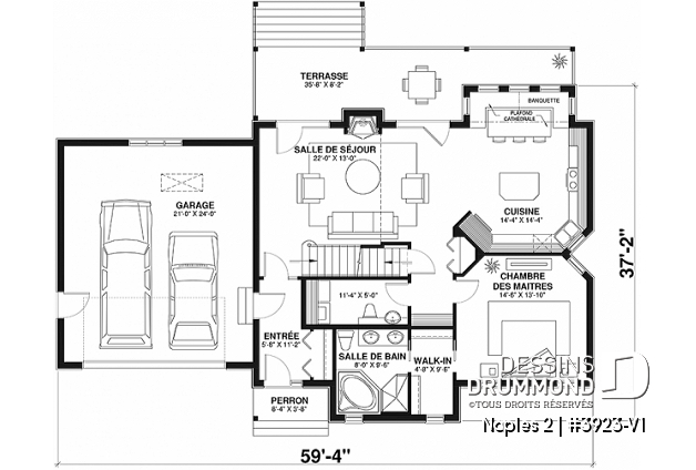 Rez-de-chaussée - Plan de chalet champêtre rustique, 3 chambres, cuisine avec banquette, mezzanine, garage double avec rangement - Naples 2