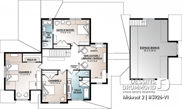 Étage - Plan de maison Farmhouse, 4 chambres, suite des maîtres au rdc, garde-manger, terrasse couverte, bibliothèque - Midwest 2