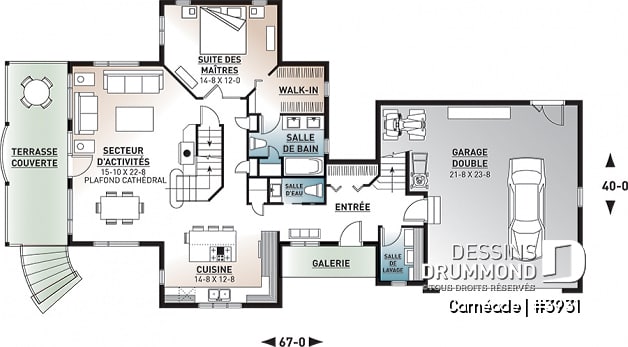 Rez-de-chaussée - Plan de chalet, 3 chambres, 3.5 salles de bain, suite pour invités au-dessus du garage double - Carnéade