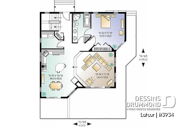 Rez-de-chaussée - Plan de chalet bord de l'eau, 3 chambres, garage, grande terrasse, foyer, plancher aire ouverte - Latour