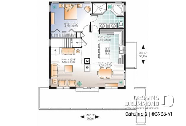 Rez-de-chaussée - Plan de chalet 3 à 5 chambres, rez-de-jardin, foyer double, mezzanine, grande buanderie, grande terrasse - Catalina 2