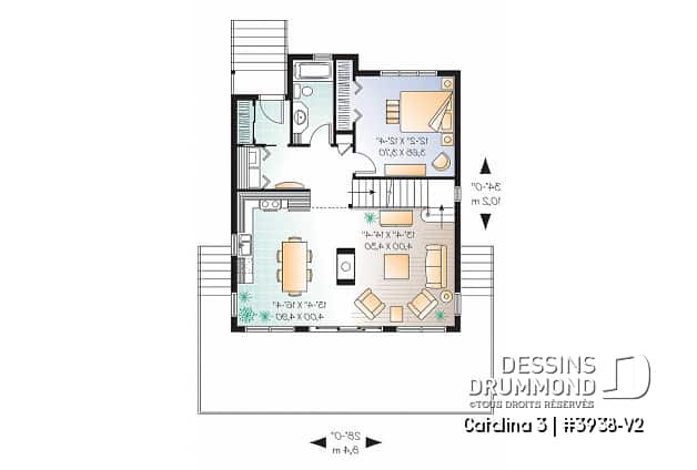 Rez-de-chaussée - Plan de chalet rustique, vue panoramique, 3 chambres, 2 salles de bain, plafond cathédrale, foyer, mezzanine - Catalina 3