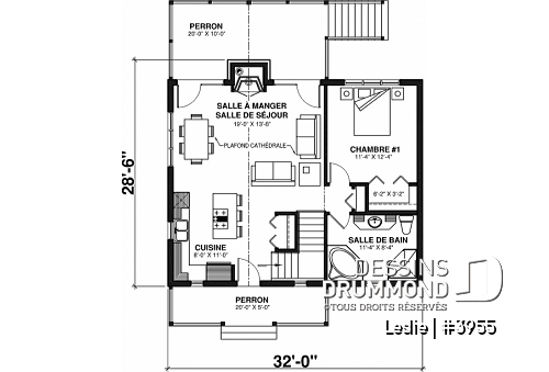 Rez-de-chaussée - Plan style chalet au bord de l'eau, 1 à 3+ chambres, foyer(s), 2 salles de séjour, balcon couvert - Leslie