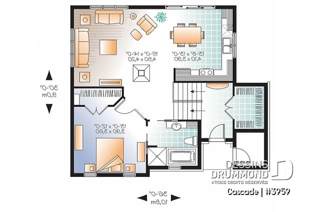Rez-de-chaussée - Plan de maison genre chalet de ski, 1 à 4 chambres, rangement, 2 salles familiales, foyer, abordable - Cascade