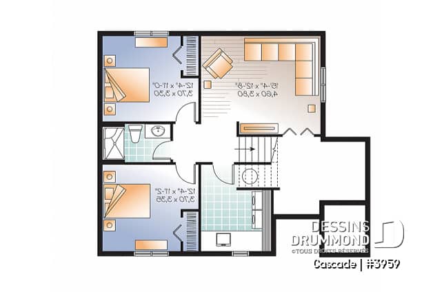 Sous-sol - Plan de maison genre chalet de ski, 1 à 4 chambres, rangement, 2 salles familiales, foyer, abordable - Cascade