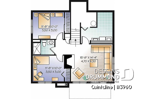 Sous-sol - Plan de chalet moderne, 3 à 4 chambres, 2 salons, 2 foyers, à aire ouverte, grande buanderie et rangement - Quintaline