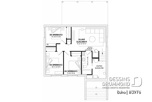 Sous-sol - Plan de maison moderne avec sous-sol aménagé pour un total de 4 chambres, 2 salons et 2.5 salles de bain - Boho