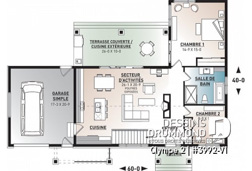 Rez-de-chaussée - Plan de maison plain-pied scandinave avec garage, plafond cathédral, foyer, grande terrasse abritée - Olympe 2