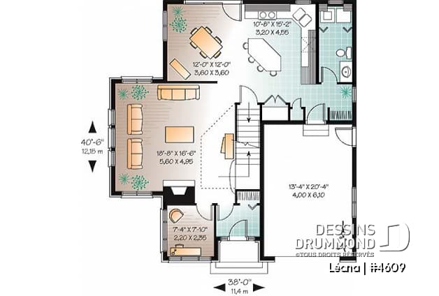 Rez-de-chaussée - Plan de maison, garage, 3 chambres + un bureau, suite parentale à l'étage, foyer au bois et garage simple - Léana