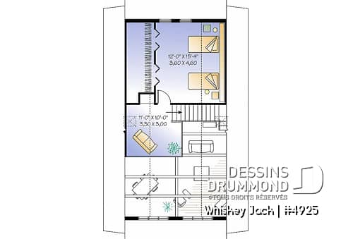 Étage - Plan de chalet abordable 2 chambres + loft, mezzanine et plafond cathédral, vestiaire d'entrée, buanderie - Whiskey Jack