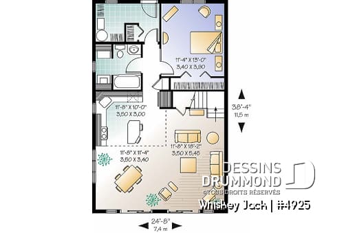 Rez-de-chaussée - Plan de chalet abordable 2 chambres + loft, mezzanine et plafond cathédral, vestiaire d'entrée, buanderie - Whiskey Jack