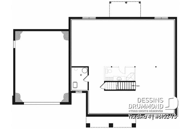 Sous-sol - Plan maison plain-pied style Craftsman, 3 chambres, garage double, salle de lavage, vestiaire, cathédral - Nordika 4