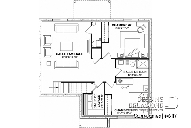 Sous-sol - Plan de plain-pied farmhouse moderne 3 chambres, bureau et 2 salons - Saint-James