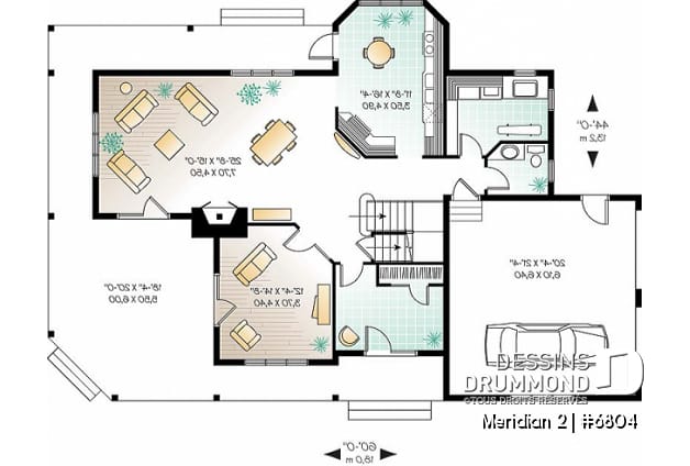 Rez-de-chaussée - Plan de maison panoramique, galerie abritée sur 3 faces, garage double, terrasse aux maîtres, 3 chambres. - Meridian 2