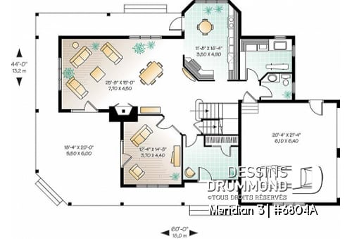 Rez-de-chaussée - Plan d'un cottage panoramique avec garage double, 3 chambres, fenêtrage abondant, coin déjeuner - Meridian 3