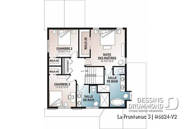 Étage - Plan de style champêtre rustique avec garage, grande cuisine avec îlot, foyer, suites des parents, 3 chambres - Le Frontenac 3