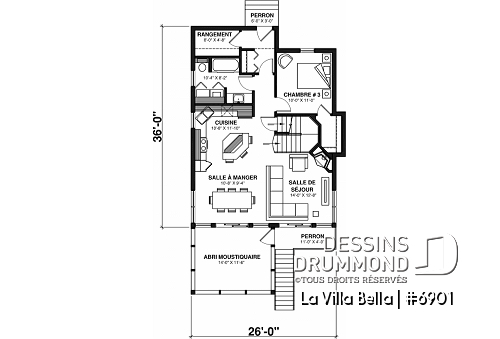 Rez-de-chaussée - Plan de chalet rustique 3 chambres, 2 salles de bain, foyer, abri-moustiquaire et aire ouverte - La Villa Bella