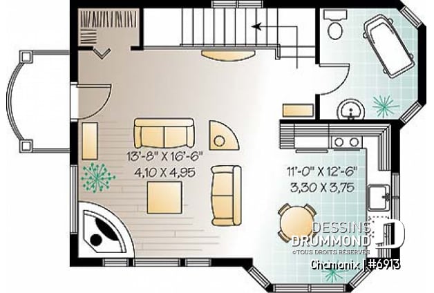 Étage - Plan de chalet aux planchers inversés, cuisine et salon à l'étage, chambres au rez-de-chaussée, panoramique - Chamonix