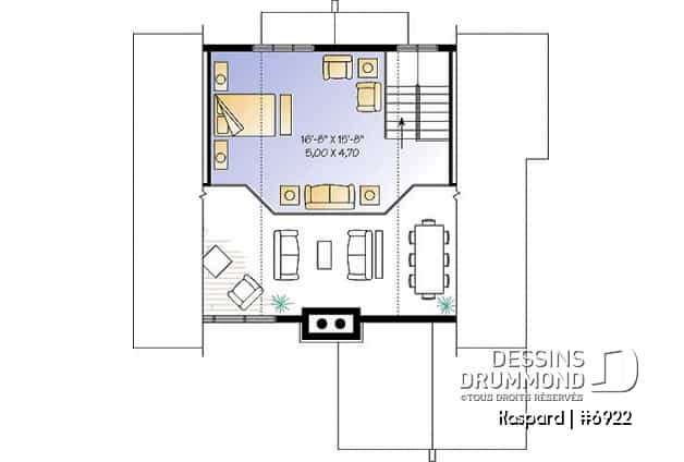 Étage - Plan de chalet style rustic, 4 chambres, 2 salles familiales, foyer, loft à la mezzanine, abri moustiquaire - Kaspard