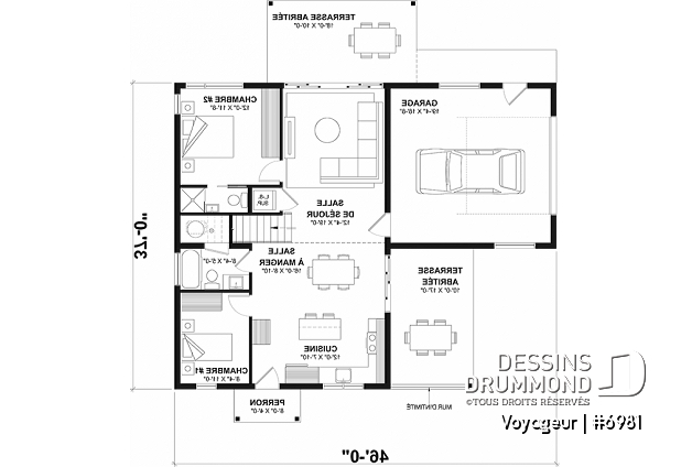 Rez-de-chaussée option 1 - Plan flexible: mini-maison 1 chambre avec garage attaché pour VR OU maison 3 chambres, 3 sdb, avec garage - Voyageur