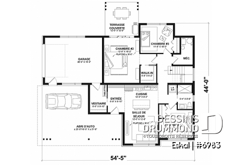 Rez-de-chaussée option 1 - Plan de maison moderne une chambre avec garage attaché pour VR et option garage simple et quatre chambre - Eskal