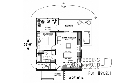 Rez-de-chaussée - Plan de maison écologique une (1) chambre avec vue sur serre, plancher à aire ouverte, coin bureau - PUR