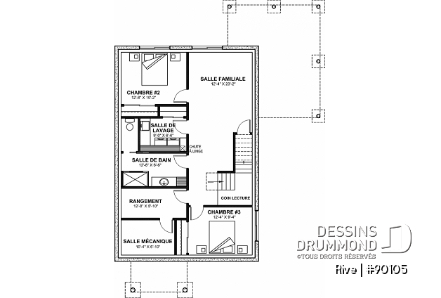 Sous-sol - Plan de petite maison écologique proposant 3 chambres, cuisine avec cellier et garde-manger, bureau à domicile - Rive