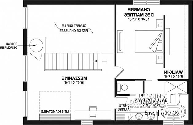 Étage - Plan de maison genre chalet contemporain, 3 chambres, 2 salons, amusant poteau de pompier - Envol