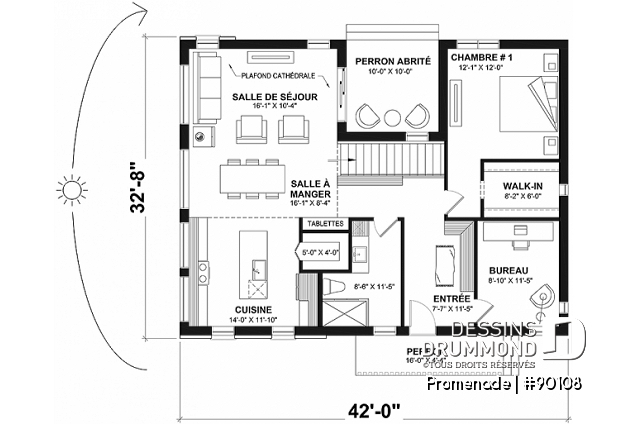 Rez-de-chaussée - Plan de maison écologique, 1 à 5 chambres + bureau, salon et salle familiale, chute à linge, pièce secrète  - Promenade