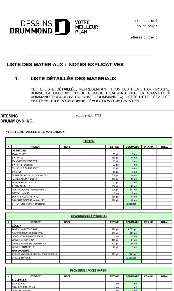 Liste de matériaux