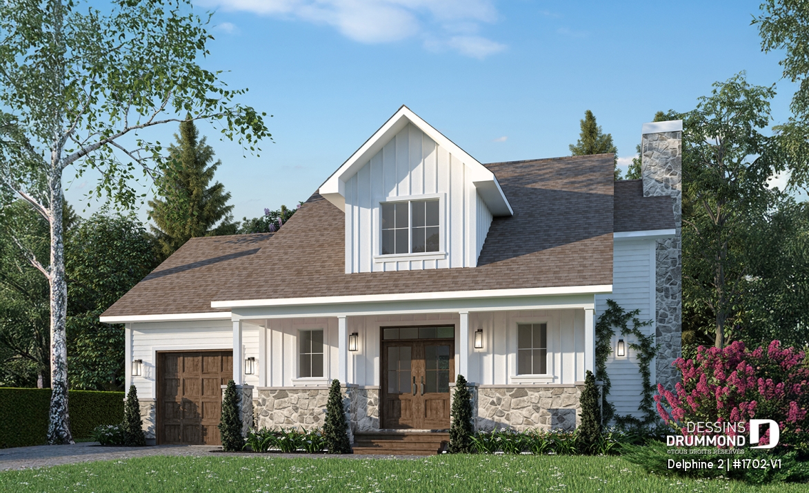 Vue avant - MODÈLE DE BASE - Plan de maison Canadienne avec garage, 3 chambres, 2.5 s. bain, chambre des parents avec salle de bain privée - Delphine 2
