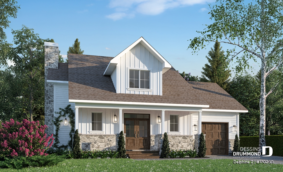 Vue avant - MODÈLE DE BASE - Plan de maison Canadienne avec garage, 3 chambres, 2.5 s. bain, chambre des parents avec salle de bain privée - Delphine 2