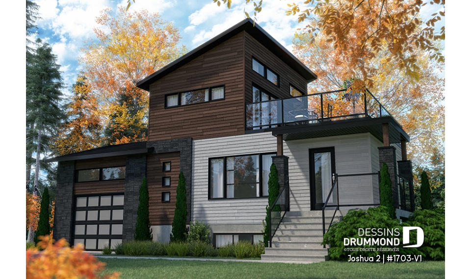 Vue avant - MODÈLE DE BASE - Petite maison moderne 2 chambres, vestiaire, garde manger, salle de lavage, 2 terrasses dont une à l'étage - Joshua 2