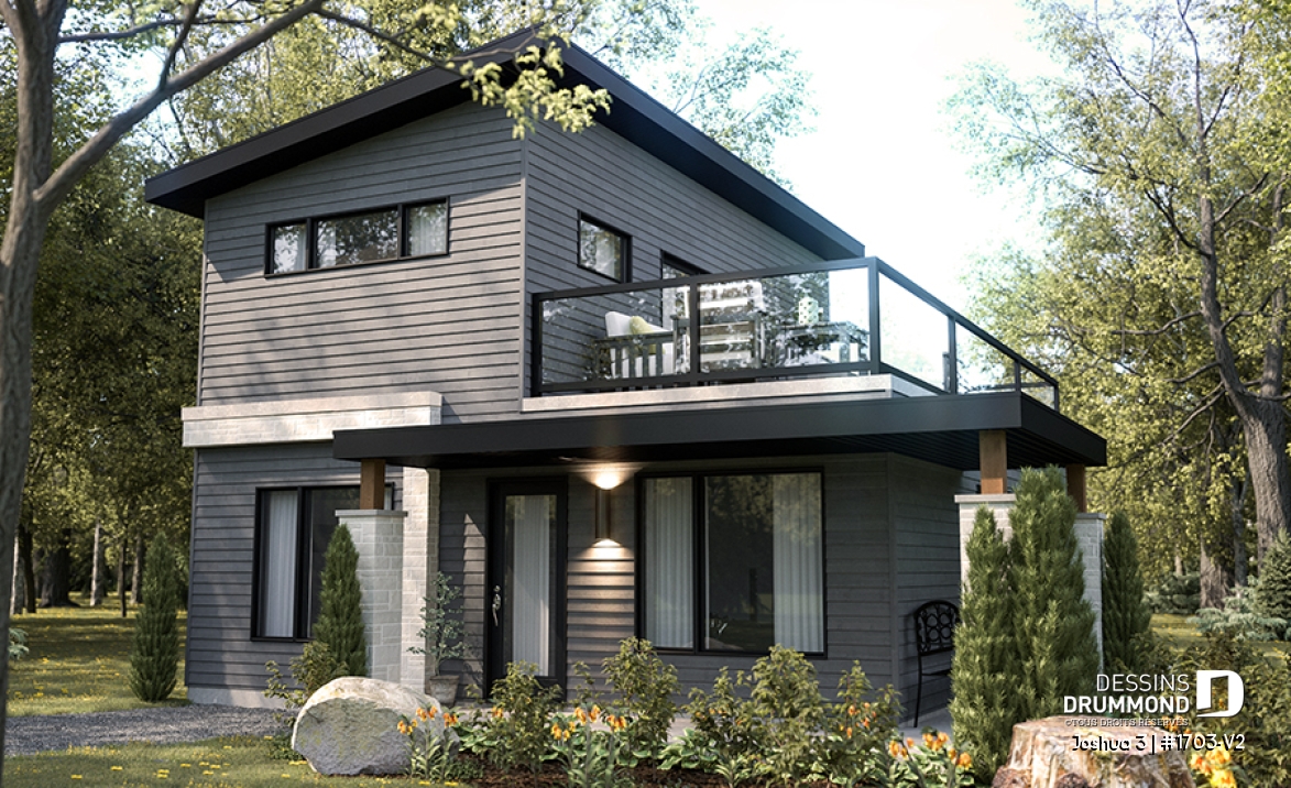 Vue avant - MODÈLE DE BASE - Plan de petite maison moderne 2 chambres + bureau, cuisine compacte avec îlot et garde-manger, grande terrasse - Joshua 3